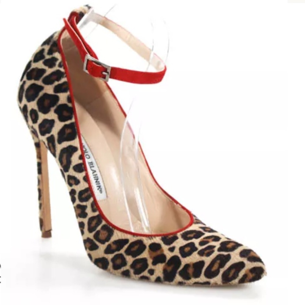 Manolo Blahnik Cheetah Pumps w/ Red Ankle Strap 39
